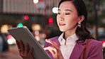 Night, business and woman with tablet, typing and internet with network, online reading and website info. Japanese person, outdoor or employee with technology, network or digital app for social media