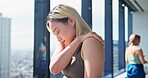Dance, shoulder pain and Japanese woman in studio for performance injury, emergency and muscle fatigue. Theatre, inflammation and contemporary dancer with Asian person in class for health risk