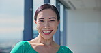 Japanese woman, face and happy for dance practice, training and choreography in ballet class. Female person, confidence and portrait as professional dancer for positive mood, pride or performance art