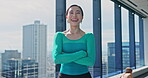 Face, Japanese woman and dance studio as academy for practice, training and choreography in ballet. Portrait, pride and professional dancer for company, theater and performance art with arms crossed