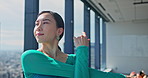 Japanese woman, fitness and stretching arm in gym studio for body health, wellness or prepare for performance. Warm up muscle, exercise and Asian girl with flexibility, dance class and start practice