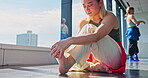 Foot, warm up and dance with Japanese girl in studio for performance, artist and flexibility. Learning, contemporary and theatre with Asian woman in class for dancer stretching, joint and health

