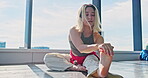 Foot, stretching and dance with Japanese girl in studio for performance, artist and flexibility. Learning, contemporary and theatre with Asian woman in class for dancer warm up, joint and health
