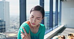 Dance, shoulder pain and stretching with Japanese woman in studio for performance injury, emergency and muscle fatigue. Theatre, inflammation and contemporary dancer with Asian person for health risk