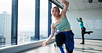 Japanese women, energy and contemporary dance in studio for practice, training and choreography. Female people, technique and rehearsal as professional dancer for company, theater and performance art