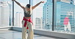 Dance, energy or woman in studio, balance and wellness with training, motion or artistic performance. Talent, dancer or exercise with practice, creative or moving with routine, professional and Japan