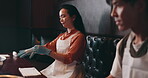 Japanese couple, gloves and cooking class for food, noodles and meal prep in restaurant for lunch. People, safety and hygiene for learning with recipe, healthy diet and culinary skills for nutrition