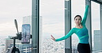 Modern, dance and woman in studio live streaming for online tutorial, performance or broadcast on phone. Streamer, dancer and Japanese girl with video, filming and creative influencer in web class