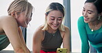 Women, friends or relax in dance studio with phone, connectivity or funny social media. Dancers, smile or tech in Japanese class for audition results, performance schedule or positive review for show