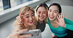 Asian women, dancers and selfie with group for picture, photography or memory together at studio. Japanese, female people or friends with smile for social media, post or capture at dancing class