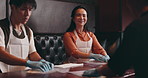 Noodles, cooking and Asian couple in restaurant for learning culinary skill, hobby and meal prep. Fine dining, dinner and Japanese man and woman with dough for ramen, food and traditional cuisine