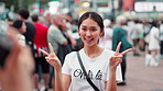 Outdoor, photography and woman with hand gesture, travel and excited with smile. Japanese girl, people and girl with peace sign, thumbs up and happiness with tourism, cheerful and showing city