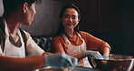Japanese couple, talking and kneading dough for pastry, noodles or food in cooking class or restaurant. Woman, man and happiness with learning for hospitality, diet and healthy meal as culinary skill