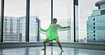 Woman, dancing and studio with lights for performance, creative passion and training. Neon fashion, city background and Japanese dancer with glass or window in class for exercise, moving with motion