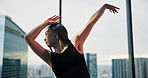 Skill, contemporary dance and woman with creative rehearsal, practice or performance. Art, studio and Japanese female person with interpretive choreography for groove, recital or talent with energy.