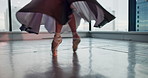 Legs, dancing or woman in studio for ballet performance, creative ballerina or training in class. Girl, toes or flexible dancer with shoes, balance skill or footwear for exercise, moving or motion