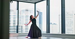 Woman, ballet and dancing at window with talent, elegance or audition performance. Japanese dancer, movement and creative in studio with artistic expression, routine rehearsal or culture choreography