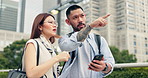 Couple, phone and online map with directions in city, street and confused for travel and vacation destination. Japanese man, woman and tourism with adventure, support and love on holiday in Tokyo
