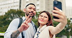 Happy, asian couple and selfie with peace sign in city for photography, picture or memory together. Japanese, man and woman with smile, emoji or hug for capture, moment or post in an urban town
