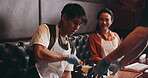 Japanese couple, dough and noodles for meal prep, cooking class and fine dining with culinary skill. Woman man and concentration and learning for hospitality, diet or healthy food in Asian restaurant