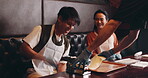 People, pasta and machine in class for cooking, learning and help in Japanese restaurant. Asian couple, smile and ramen making at course for skill development, traditional meal and culture education