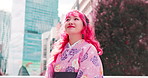 Japan, woman and fashion with thinking in city for travel, sightseeing town or reflection on heritage or culture. Person, smile or thoughtful in floral kimono with traditional journey or daydreaming