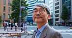 Thinking, business and mature Asian man in city for morning commute, travel and journey. Professional, corporate worker and Japanese person walking in metro town for career, job and destination
