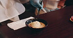 Hands, customer and serving ramen for healthy meal, food and traditional cuisine for Japanese couple. People, cooking and noodles for culinary culture, dinner and preparing dish in Asian restaurant
