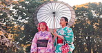 Walking, umbrella and kimono with Japanese friends in park for traditional festival, hanami and spring. Cherry blossom, peace and culture with asian people and wagasa for fashion, heritage and yukata