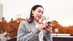 City, bridge and happy woman with phone, typing or communication on morning commute with smile. Smartphone, search and girl on outdoor adventure with mobile app, social media or urban travel in Japan