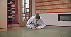 Class, woman or bow in dojo for karate for honor, kung fu practice and self defense for respect. Fighter, kneeling or female student in Japan for learning martial arts, combat training or etiquette