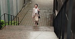 Steps, walking and business woman in city with professional career, schedule and morning commute. Office, building and Japanese businesswoman with urban travel, subway stairs and job opportunity