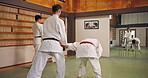 Fight, teacher and martial arts in dojo for karate, kung fu and practice with fitness, people and learning. Training, submission and workout for exercise, class and self defense with student in Japan