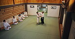 Master, students and training in Japan for karate, kung fu and practice with fitness, people and battle. Fight, demonstration and sensei for martial arts, class or self defense with exercise in dojo