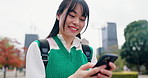 Smile, typing and woman in city with phone, online chat and schedule planning on morning commute. Urban, travel and Japanese university student with smartphone, search or mobile app for communication