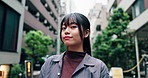 City, girl and portrait of university student with confidence, smile and opportunity on street in modern Asian culture. Pride, ambition and happy face of Japanese woman in urban neighborhood in Tokyo