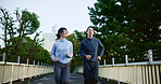 Fitness, Asian couple and running in city for exercise, wellness and cardio workout in Japan. Man, woman and energy on Tokyo bridge for training commitment, healthy relationship or support for growth