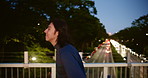 Japanese man, bridge and running with street, morning and city for fitness or sunrise workout. Athlete, person and exercise on Tokyo road for wellness, health and marathon training performance