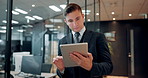 Japanese business man, tablet and reading in office by window, scroll and application with contact at company. Person, digital touchscreen and review at night with feedback at insurance agency