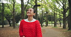 Leash, walking or Asian woman with animal at park for exercise, love or companion for bonding together. Thinking, healthy or pet in outdoor nature with rope, person or dog for trust or peace in Japan