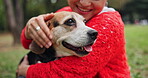 Japanese woman, dog and park with love, friendship and bonding for wellness and travel with journey. Asian person, puppy and pet care with walk, fresh air and outdoor path in nature for training