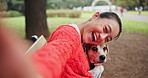 Woman, dog and happy in selfie at park, face and love with connection, excited or hug for bonding in nature. Person, animal and pet beagle puppy with care, loyalty and photography for memory in Japan