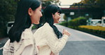 Running, funny and women in street, travel and bonding together with happiness. Japanese people, outdoor and girls in road, excited and cheerful with vacation, adventure and friends with journey