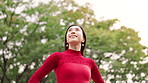 Thinking, dancer and happy Asian woman in park for performance, choreography and dancing. Morning, nature and Japanese person outdoors for fresh air, peace and ideas for creative art and rehearsal