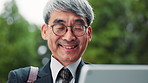 Japanese, business and old man with tablet, outdoor and typing with message to contact. Senior person, employee and financial consultant in city, technology or email notification with app for trading