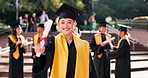 Face, smile and woman with scroll at graduation of education achievement, university certificate and future. Happy, student and diploma of award celebration, study success and academic event in Japan
