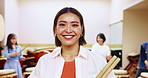 Japanese, woman and teacher with drum sticks in class for taiko tradition, culture or practice. Portrait, asian musician or female person with smile for music lesson, sound or percussion in Japan