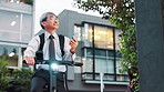 Business man, phone and choice by vending machine in city with travel, shopping and mobile app for payment. Mature person, smartphone and electric bike with fintech, commute and sidewalk in Japan