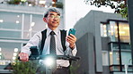 Business man, phone and electric bike in street, travel or reading on mobile app for direction in city. Mature person, smartphone and eco friendly transport with check, location and commute in Japan