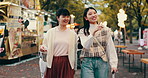 Walking Japanese women and friends in city, happiness and bonding together with vacation. Asian people, outdoor and girls in street, explore and travelling with adventure, journey and holiday